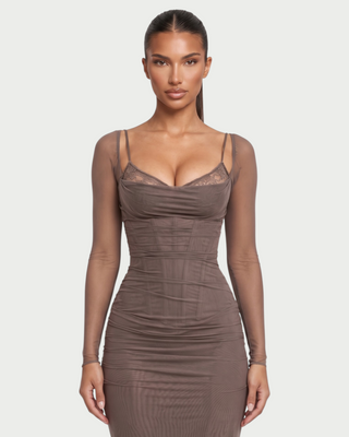 NOIR Lace Bust Sheer Mesh Long Sleeve Maxi Dress