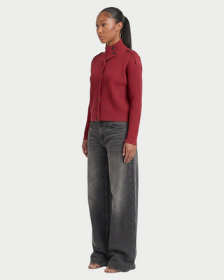 XONA Button Front High-Neck Ribbed Knit Cardigan