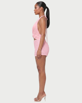 ELISSA Sequin Twist-Front Halter Top & Shorts Set