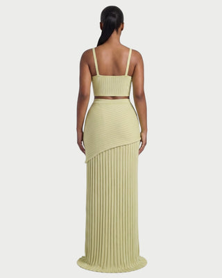Conjunto de top corto de punto acanalado y falda larga plisada VESPERA