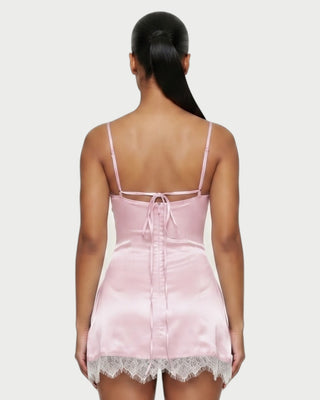 VERLY Lace Trim Satin Tie-Back Mini Dress