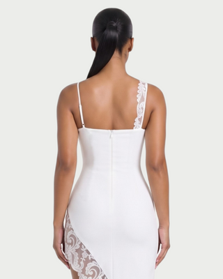 COLLINS Asymmetric Hem Lace Panel Maxi Dress
