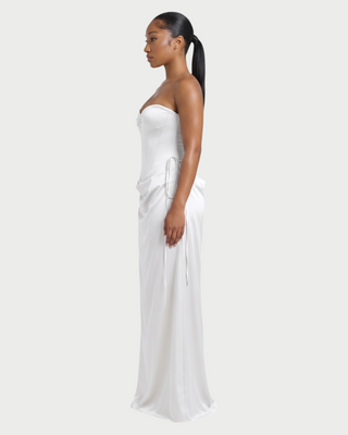 VELIA Corset Ruched Draped Satin Maxi Dress