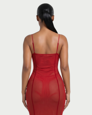 KYLAR Faux Leather Lace-Up Deep V Mesh Maxi Dress