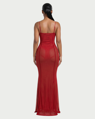 KYLAR Faux Leather Lace-Up Deep V Mesh Maxi Dress
