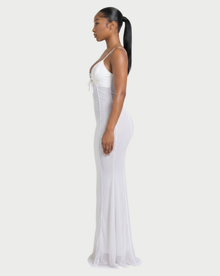 KYLAR Faux Leather Lace-Up Deep V Mesh Maxi Dress