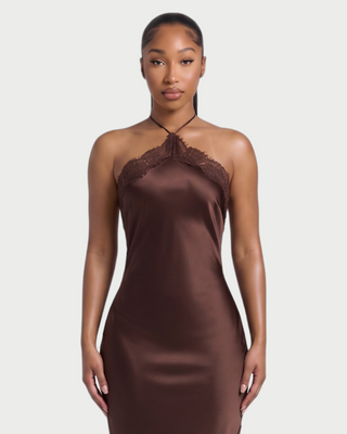 AISLEY Satin Lace Trim Halter Maxi Dress