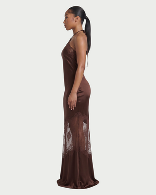 AISLEY Satin Lace Trim Halter Maxi Dress