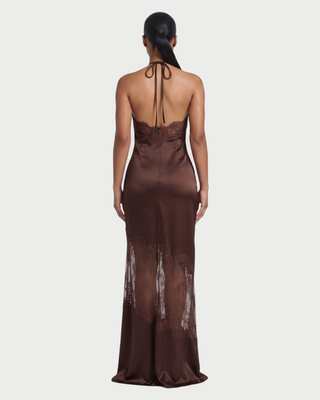 AISLEY Satin Lace Trim Halter Maxi Dress
