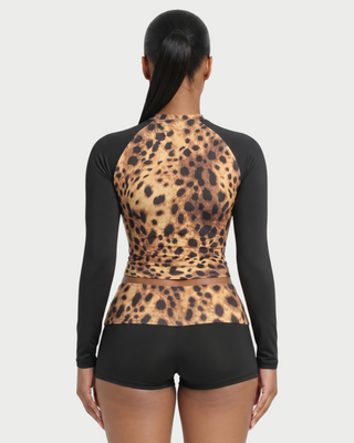 ADAIR Leopard Print Contrast Long Sleeve Top & Mini Shorts Set