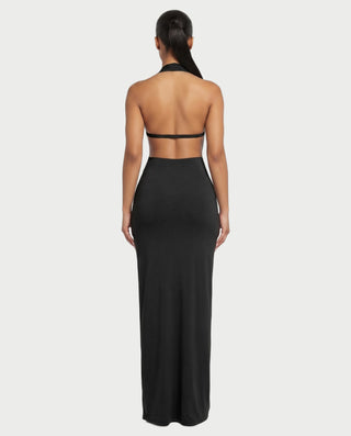 MARYLIN Draped Halter Deep V Side Cutout Maxi Dress
