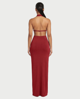 MARYLIN Draped Halter Deep V Side Cutout Maxi Dress