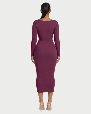 CORA Ribbed Knit Sweetheart Square Neck Midi Dress