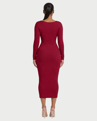 CORA Ribbed Knit Sweetheart Square Neck Midi Dress