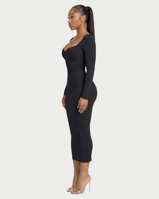 CORA Ribbed Knit Sweetheart Square Neck Midi Dress