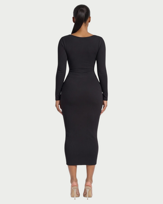 CORA Ribbed Knit Sweetheart Square Neck Midi Dress
