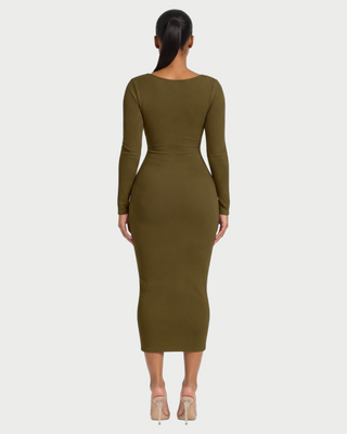 CORA Ribbed Knit Sweetheart Square Neck Midi Dress