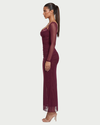 NOIR Lace Bust Sheer Mesh Long Sleeve Maxi Dress