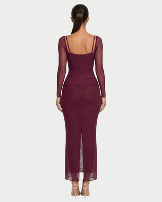 NOIR Lace Bust Sheer Mesh Long Sleeve Maxi Dress