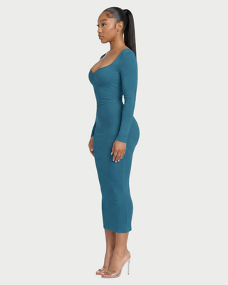 CORA Ribbed Knit Sweetheart Square Neck Midi Dress