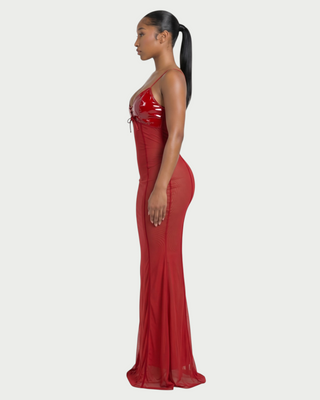KYLAR Faux Leather Lace-Up Deep V Mesh Maxi Dress