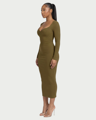 CORA Ribbed Knit Sweetheart Square Neck Midi Dress