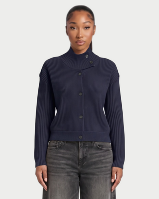 XONA Button Front High-Neck Ribbed Knit Cardigan