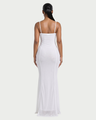 KYLAR Faux Leather Lace-Up Deep V Mesh Maxi Dress