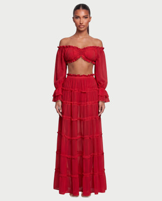 TALSIE Ruffle Off-Shoulder Top & Tiered Maxi Skirt Set