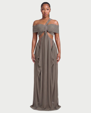 HACEY Draped Cutout Off-Shoulder Maxi Dress