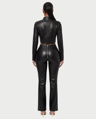 VEXARA Zip-Up Faux Leather Jacket & Flared Pants Set