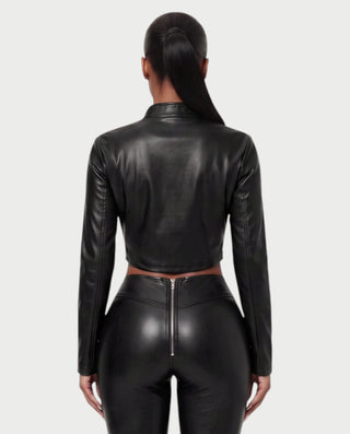 VEXARA Zip-Up Faux Leather Jacket & Flared Pants Set
