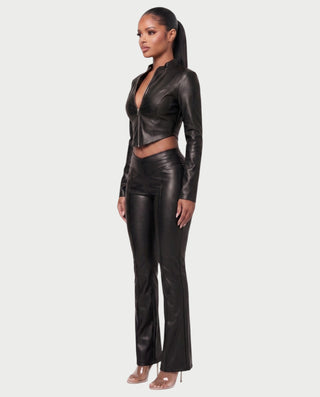 VEXARA Zip-Up Faux Leather Jacket & Flared Pants Set