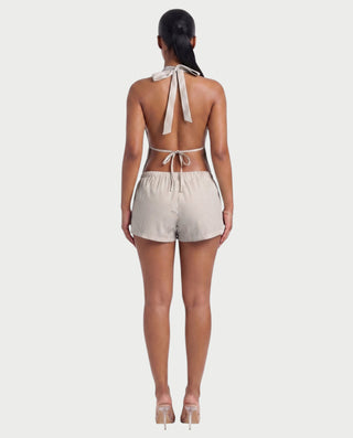 HARIYA Striped Halter Peplum Top & Shorts Set