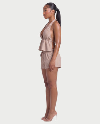HARIYA Striped Halter Peplum Top & Shorts Set