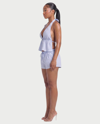 HARIYA Striped Halter Peplum Top & Shorts Set