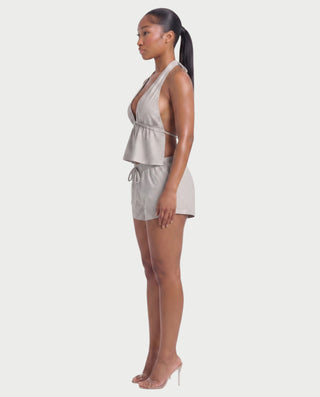 HARIYA Striped Halter Peplum Top & Shorts Set