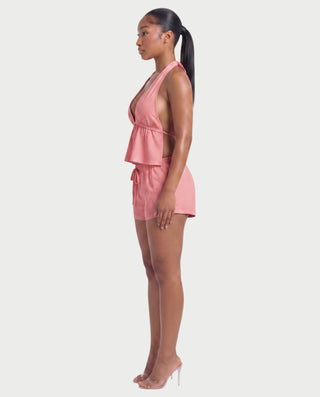 HARIYA Striped Halter Peplum Top & Shorts Set