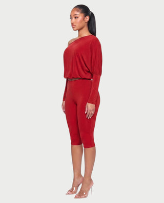 ZAFRINA One-Shoulder Blouson Top & Capri Pants Set