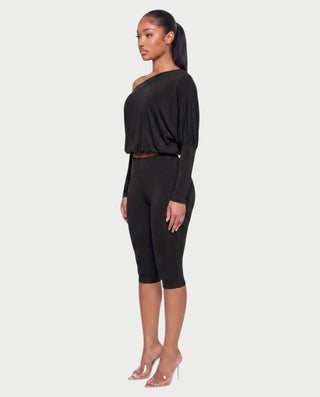 ZAFRINA One-Shoulder Blouson Top & Capri Pants Set
