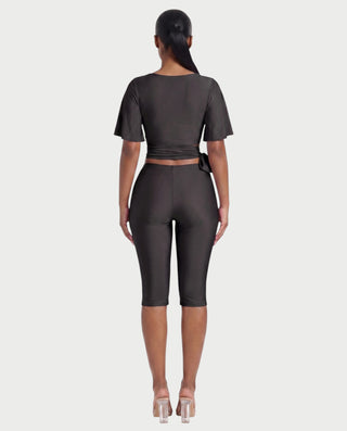 REMINA Three-Piece Square Neck Wrap Sash & Capri Pants Set
