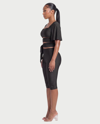REMINA Three-Piece Square Neck Wrap Sash & Capri Pants Set
