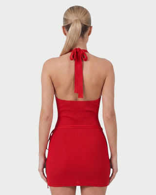 AVALON O-Ring Waist Tie Halter Mini Dress