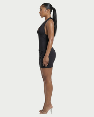 RESSI Ruched Halter Open-Back Mini Dress