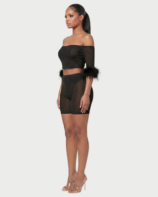 RAMIRA Faux Feather Trim Mesh Top & Shorts Set