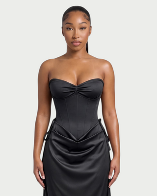 VELIA Corset Ruched Draped Satin Maxi Dress