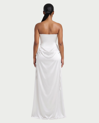 VELIA Corset Ruched Draped Satin Maxi Dress
