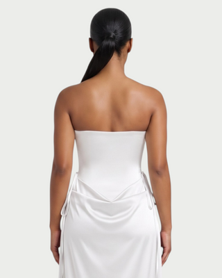 VELIA Corset Ruched Draped Satin Maxi Dress