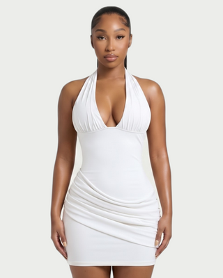 RESSI Ruched Halter Open-Back Mini Dress