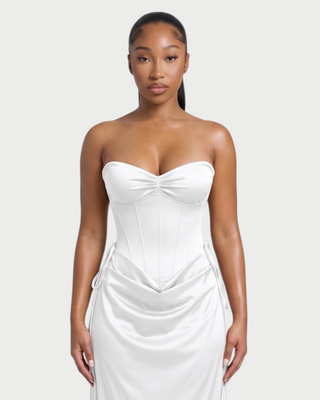VELIA Corset Ruched Draped Satin Maxi Dress